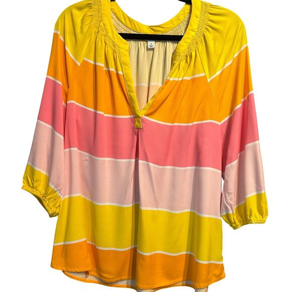 Crown & Ivy Size Small Blouse 3/4 Sleeve Smocked neckline V-Neck Striped - Picture 1 of 8